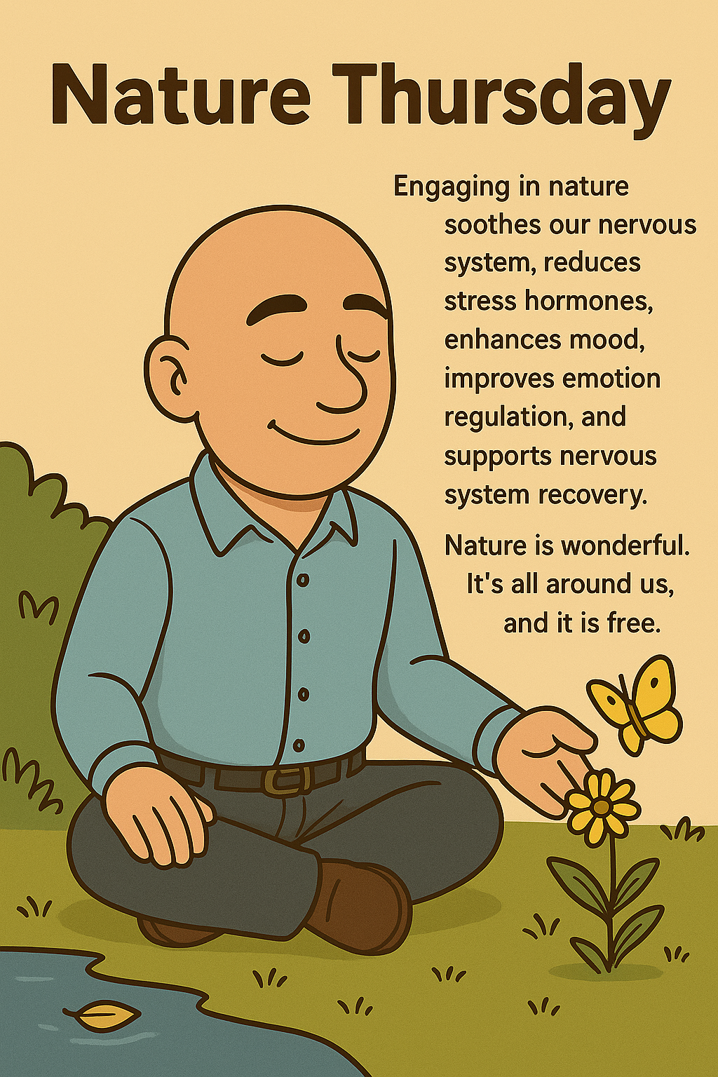 Nature Thursday | Cartoon character peacefully connecting with nature, illustrating the benefits of mindfulness in nature.