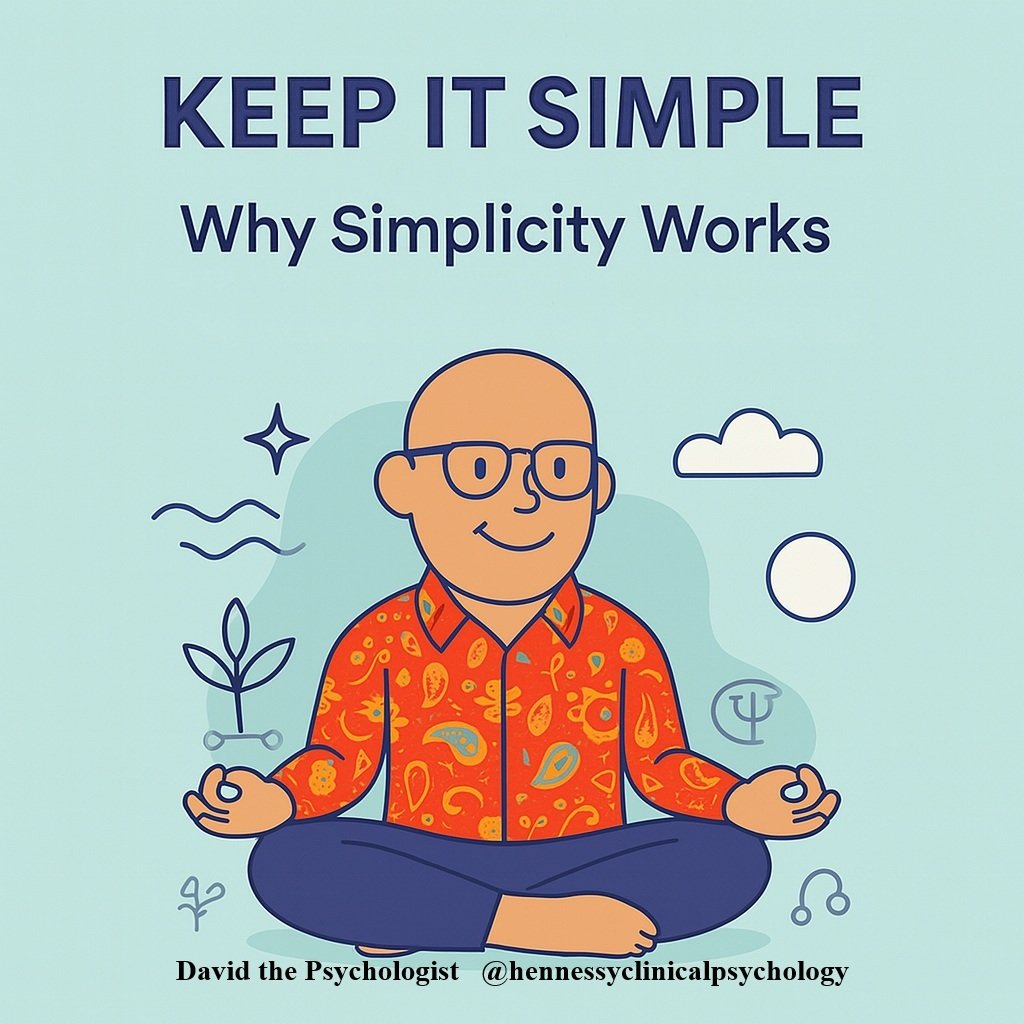 Cartoon of bald male psychologist in a paisley shirt meditating with the text “Keep It Simple | Why Simplicity Works”.