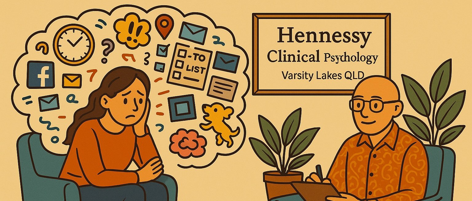 Adult ADHD | Cartoon image of a worried woman overwhelmed by tasks and distractions, speaking to David the Psychologist in a therapy setting at Hennessy Clinical Psychology, Varsity Lakes.