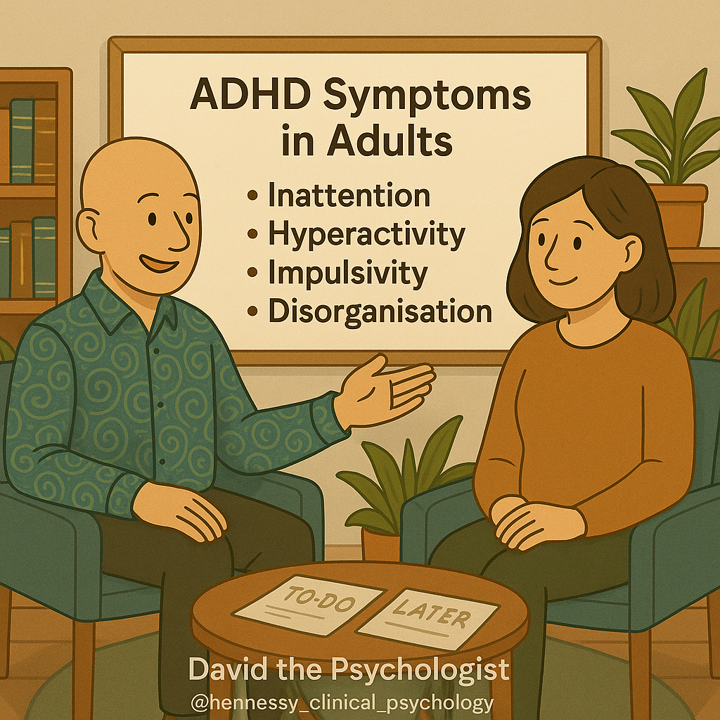 Adult ADHD & Psychology | Cartoon illustration of Clinical Psychologist David Hennessy explaining adult ADHD symptoms to a female client during a therapy session.