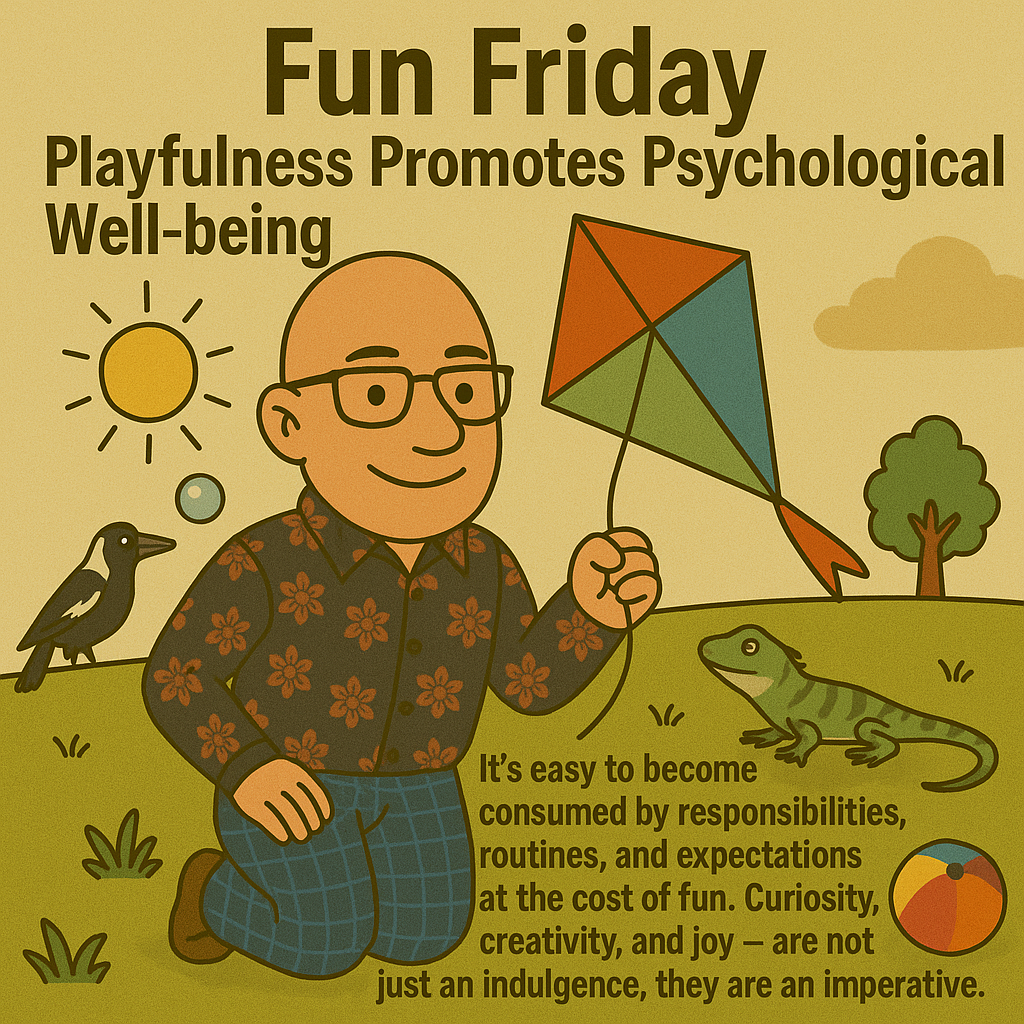 Psychology or fun | Cartoon-style illustration of a smiling adult flying a kite, surrounded by a magpie, a water dragon, and sunshine — symbolizing the joy and importance of playfulness for mental well-being.