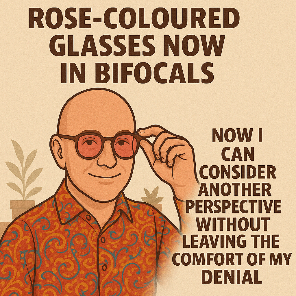 Psychology and Humour | Cartoon of David the Psychologist smiling while adjusting rose-coloured bifocal glasses. Text reads: “Rose-coloured glasses now in bifocals. Now I can consider another perspective without leaving the comfort of my denial.”