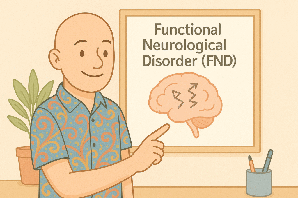 Cartoon of psychologist David Hennessy wearing a colourful paisley shirt and a bead bracelet with one red bead and one green bead. He is standing beside a whiteboard with the words Functional Neurological Disorder and a simple brain diagram.