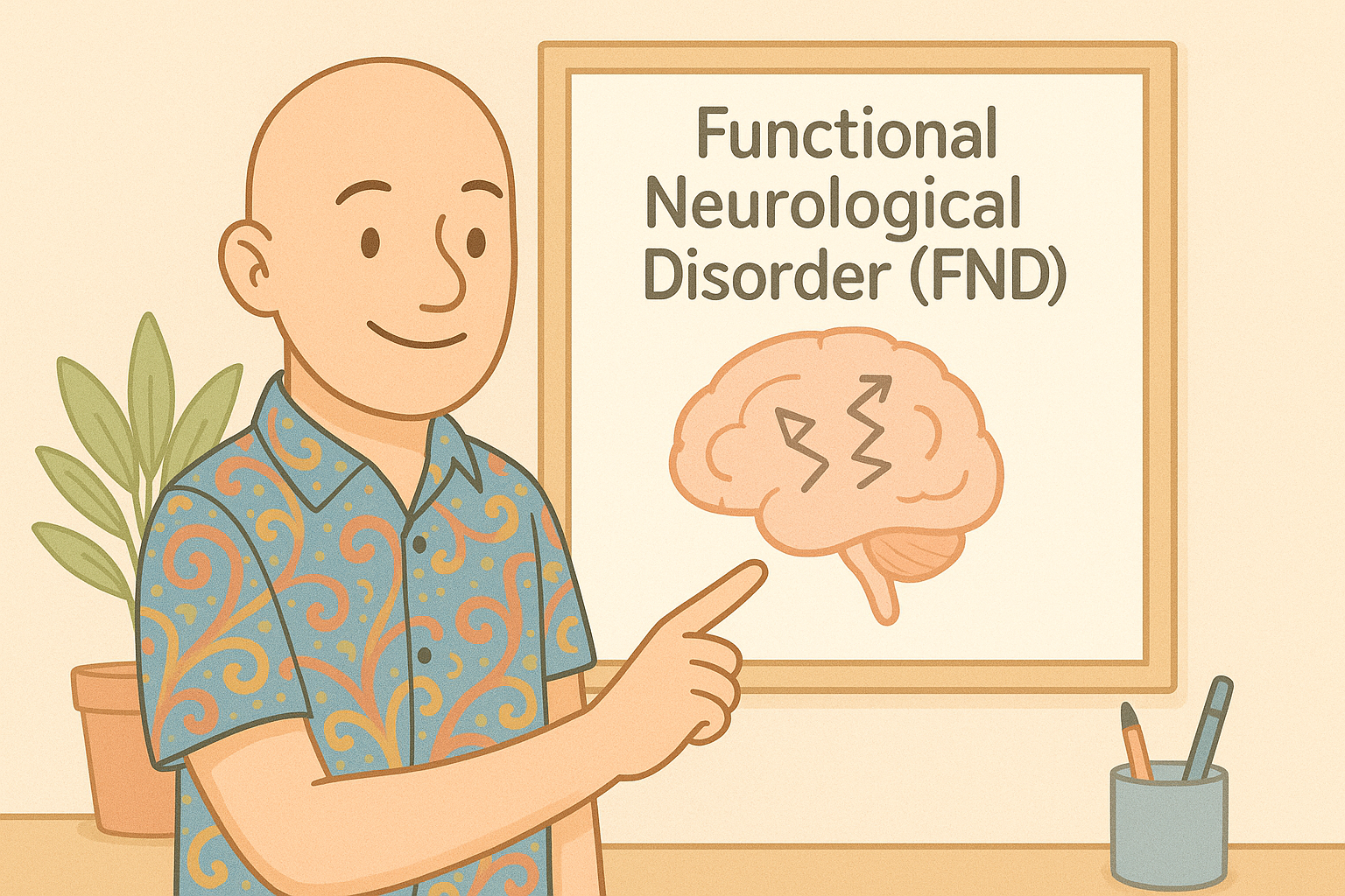 Cartoon of psychologist David Hennessy wearing a colourful paisley shirt and a bead bracelet with one red bead and one green bead. He is standing beside a whiteboard with the words Functional Neurological Disorder and a simple brain diagram.