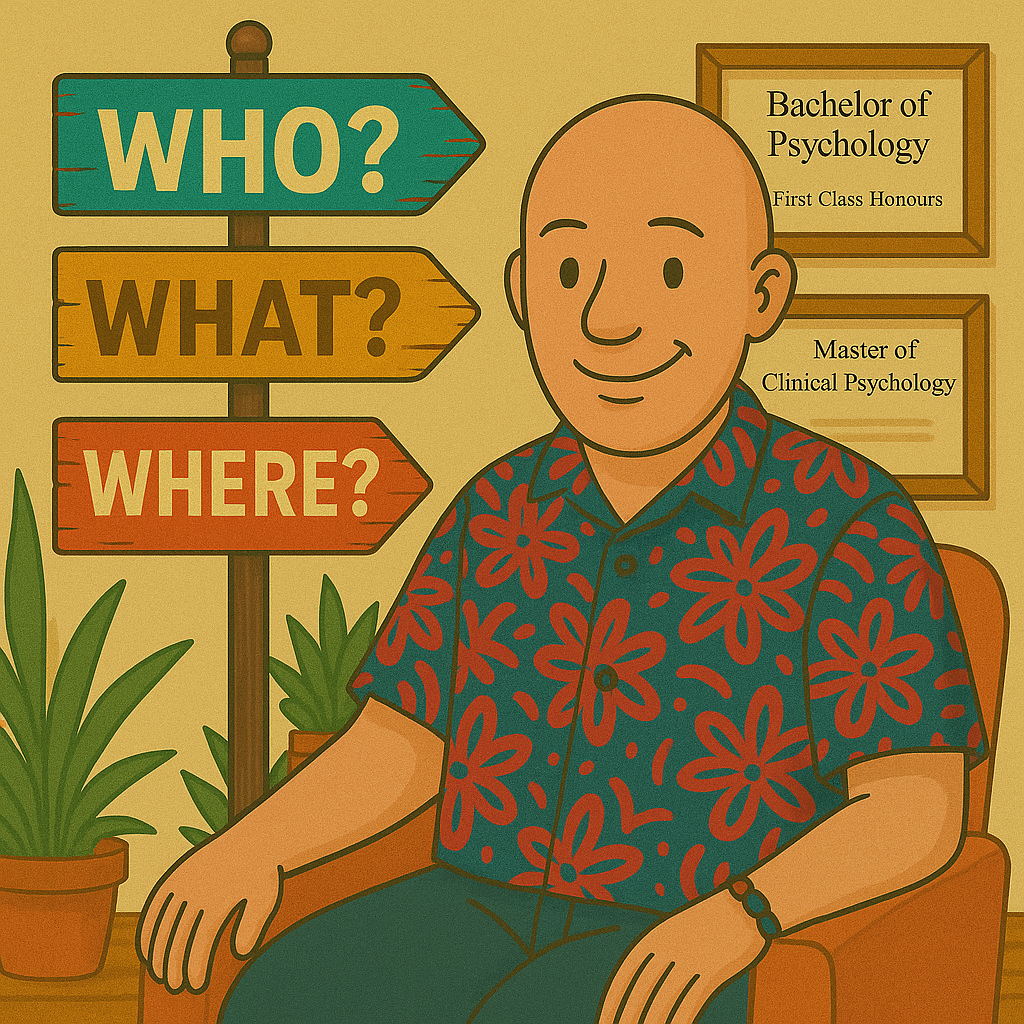Who I Am, What I Do, Where I Work | David Hennessy Clinical Psychologist | Cartoon of David Hennessy, Clinical Psychologist, sitting in a chair beside a colourful signpost reading “Who?”, “What?”, and “Where?” with framed psychology degrees on the wall.