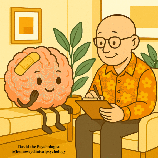 Cartoon illustration of David the Psychologist, a bald man wearing a bright orange paisley shirt and glasses, sitting with a smiling brain character that has a bandage on its head. They appear in a therapy session, symbolising psychological support and recovery after an acquired brain injury. Text reads David the Psychologist at hennessyclinicalpsychology.