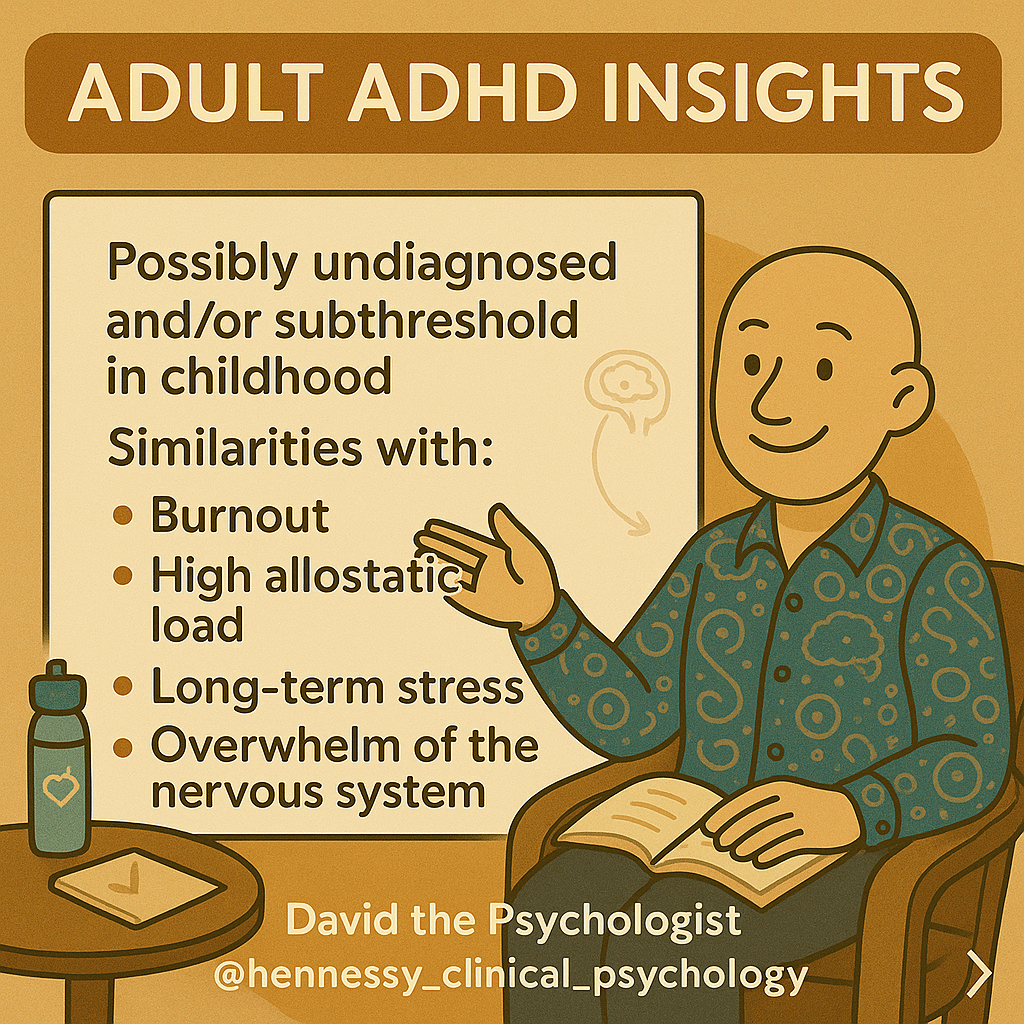 Cartoon illustration of a male psychologist presenting insights on adult ADHD. A slide beside him lists similarities with burnout, high allostatic load, long-term stress, and nervous system overwhelm.