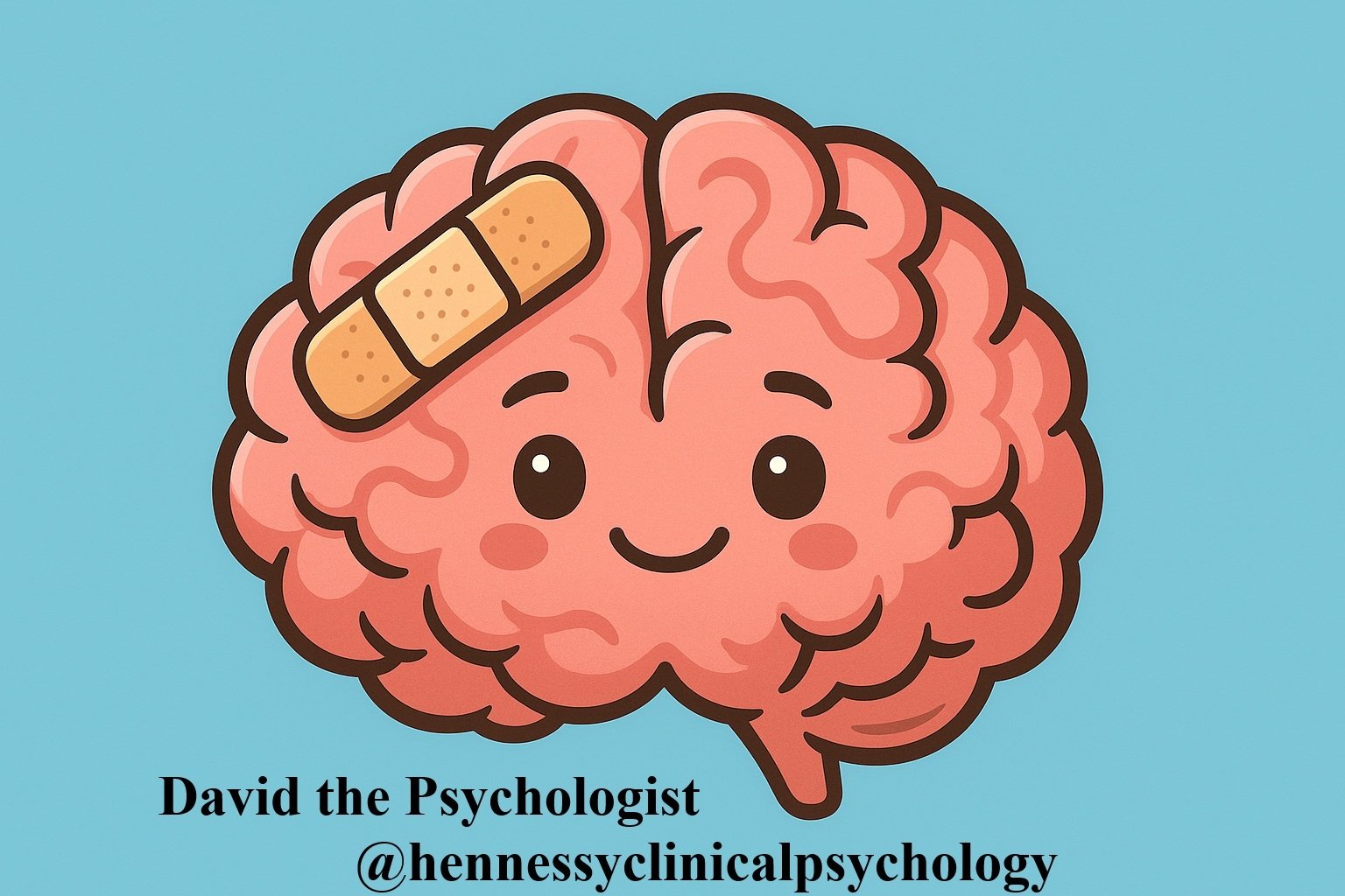 Illustration of a friendly cartoon brain with a beige bandage and a happy expression, labelled “David the Psychologist” and tagged @hennessyclinicalpsychology