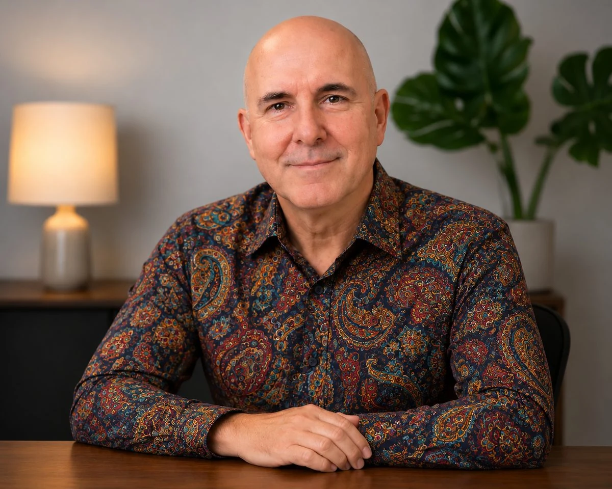 David Hennessy, Clinical Psychologist, seated at a desk wearing a colourful paisley shirt.