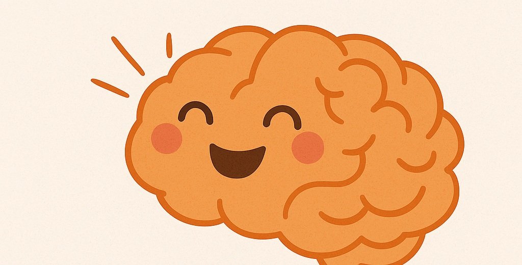Psychology and Humour | Cartoon illustration of a smiling brain with blushing cheeks and lines suggesting laughter, symbolising the positive effects of humour on emotional wellbeing.