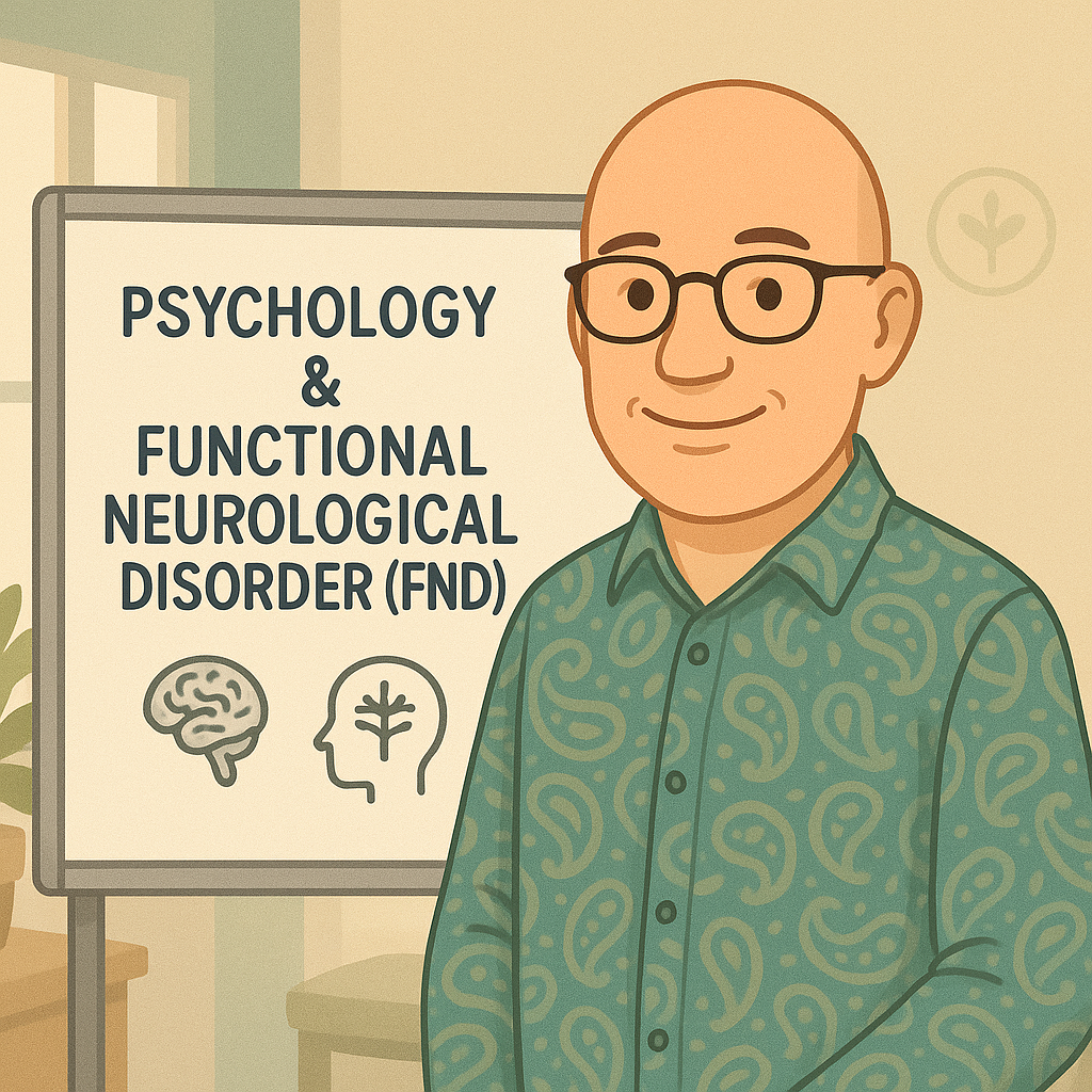 Cartoon illustration of a bald psychologist in glasses and a green paisley shirt standing next to a presentation board titled “Psychology & Functional Neurological Disorder (FND)”.