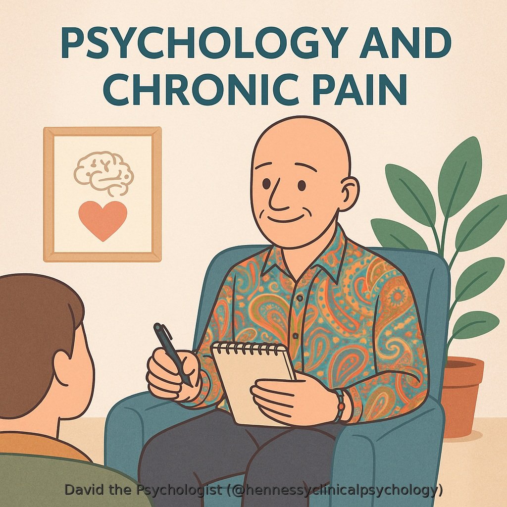 Psychology and chronic pain | Cartoon image of David the Psychologist in a paisley shirt, sitting with a client and taking notes in session about chronic pain.