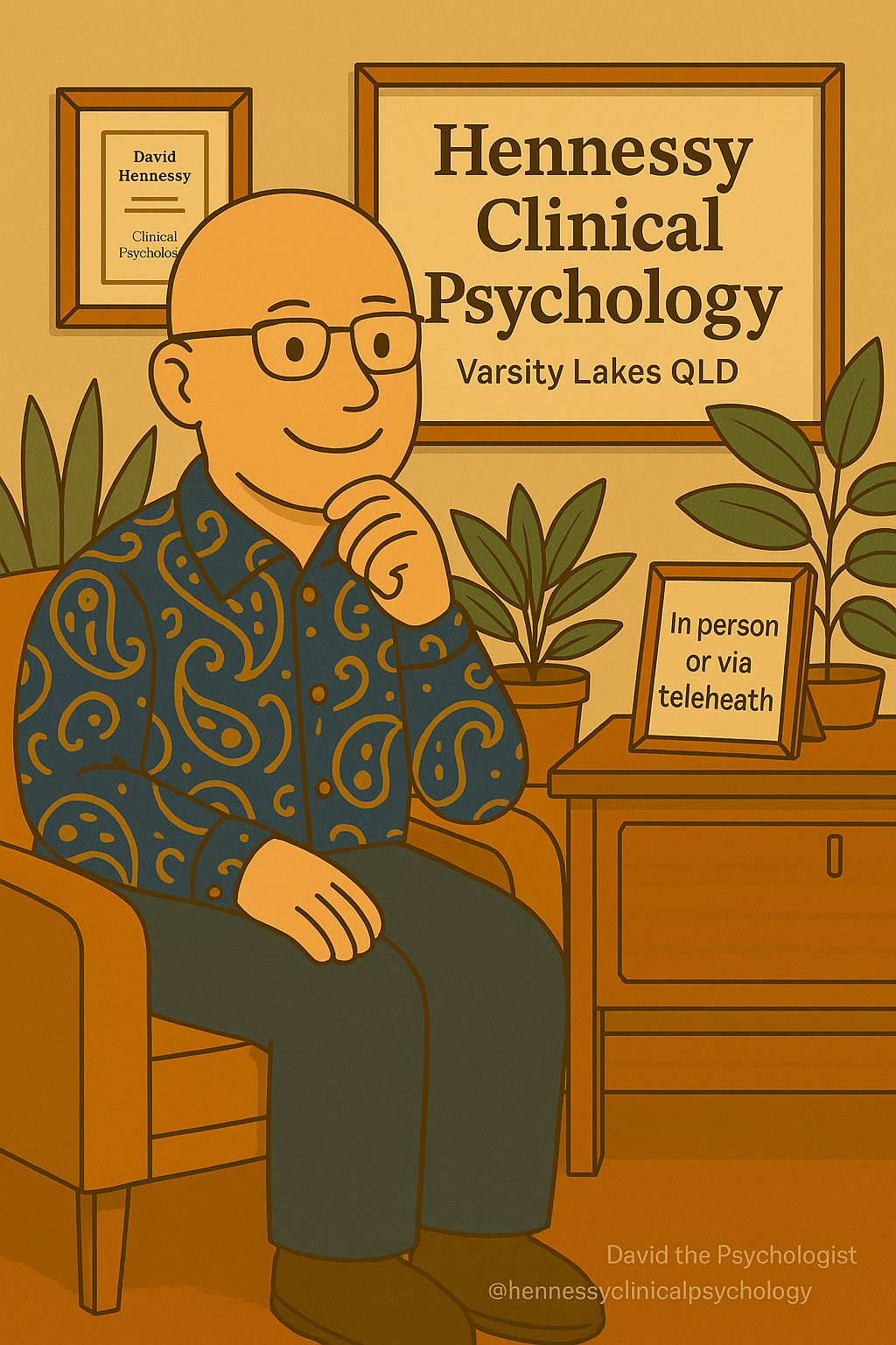 David the Psychologist | Cartoon of David the Psychologist seated in a clinic office at Hennessy Clinical Psychology, Varsity Lakes QLD. Wearing a blue paisley shirt and bead bracelet, with framed degrees and clinic signage. Desk sign reads “In person or via telehealth”.