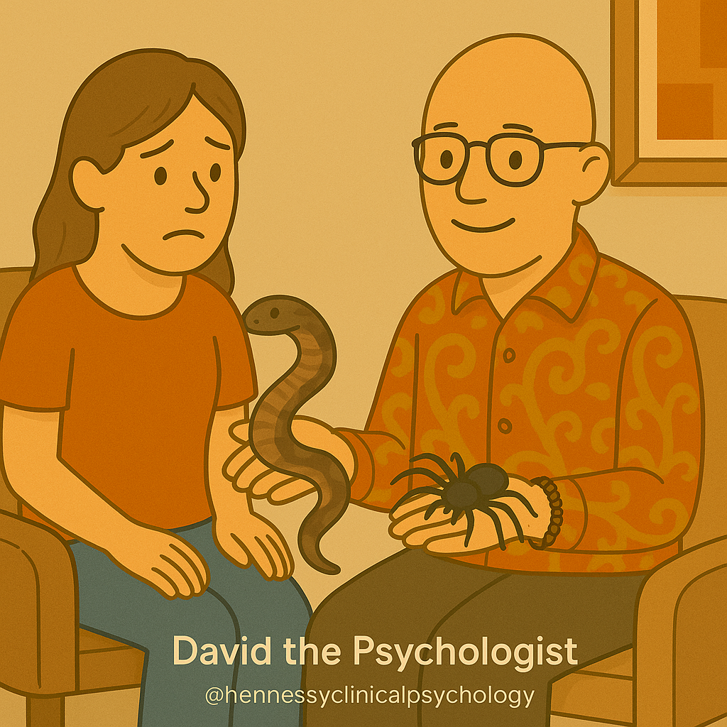 Therapy for Phobias | Cartoon image of David the Psychologist (bald, colourful paisley shirt, thin bead bracelet with red and green beads) in a therapy session. Client looks anxious while gently holding a snake. David holds a spider, supporting the client in gradual exposure therapy for phobias. Text reads: David the Psychologist @hennessyclinicalpsychology.
