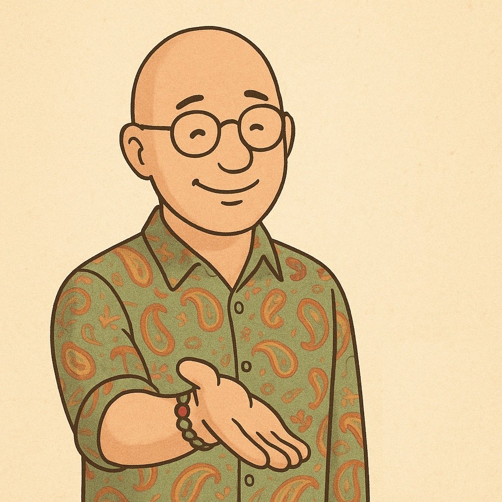 David the Psychologist offering a gentle open handed gesture while wearing a colourful paisley shirt and bead bracelet, symbolising compassion, acceptance, and forgiveness.