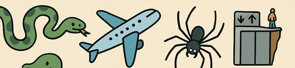 Therapy for phobias in Varsity Lakes | Cartoon strip image illustrating common phobia triggers: a green snake, an aeroplane, a spider, and a lift beside a cliff edge with a small figure. Clean design with a light background, ideal as a WordPress blog header image.