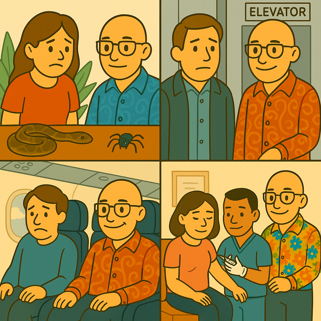 Therapy for phobias in Varsity Lakes | Four-panel cartoon showing David the Psychologist (bald, colourful paisley shirt, bead bracelet) supporting clients through phobia exposure.
Panels include: 1) Fear of snake and spider, 2) Fear of elevator, 3) Fear of flying, 4) Fear of needles with medical staff support.