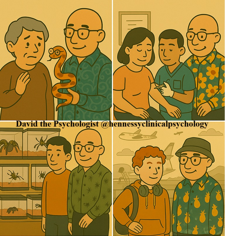 Four-panel cartoon image of David the Psychologist (bald, colourful paisley shirt or patterned shirts, thin bead bracelet with red and green beads) working with clients on different phobia exposures:
Older adult client with fear of snakes
Client receiving needle exposure with medical professional present
Client standing next to spider enclosures with David
Young traveller at airport with David for fear of flying.
Text: David the Psychologist @hennessyclinicalpsychology.