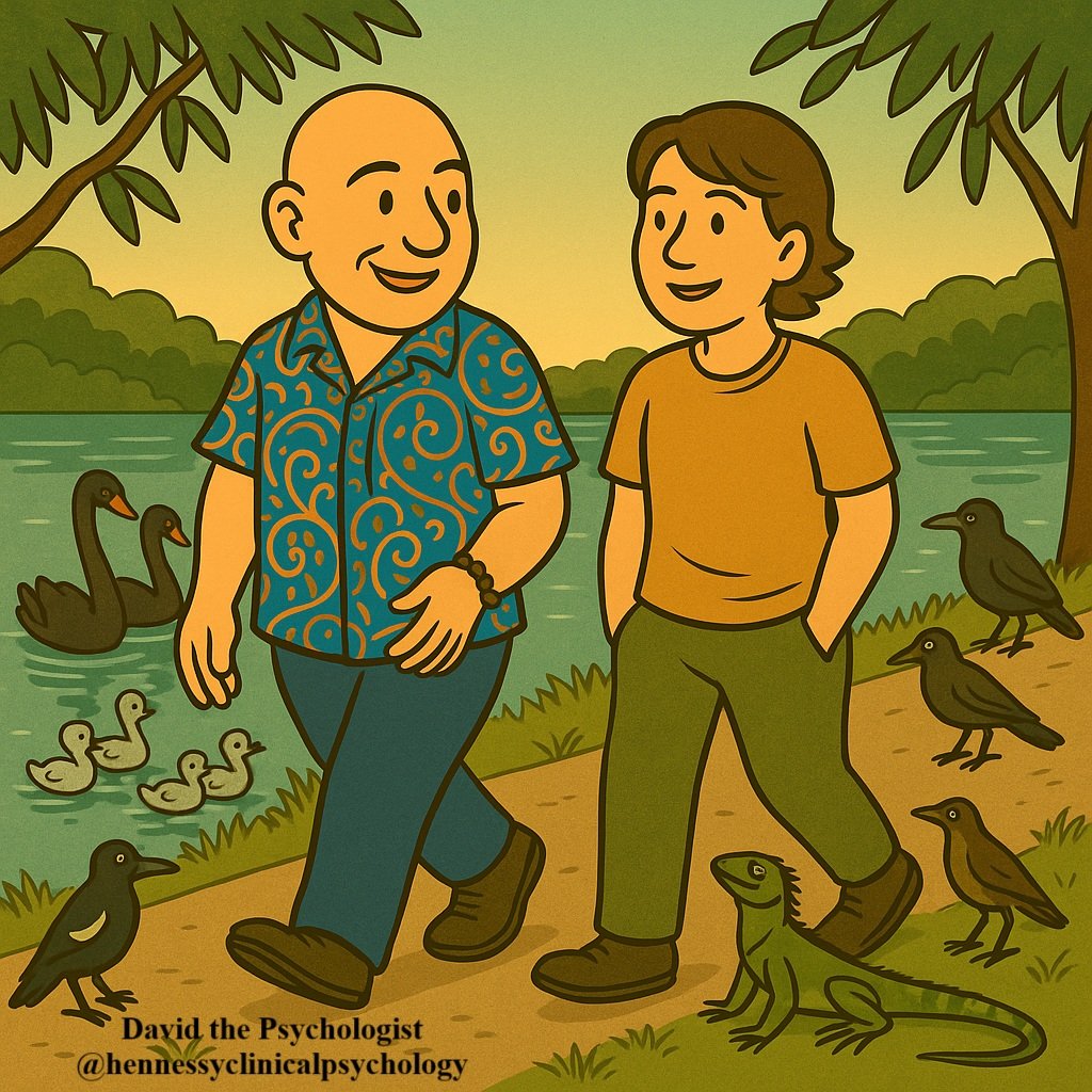 Mindful Self-Care | David the Psychologist walking mindfully in nature with a client by a lake, surrounded by swans, ducks, birds, and a water dragon, promoting mindful self-care.
