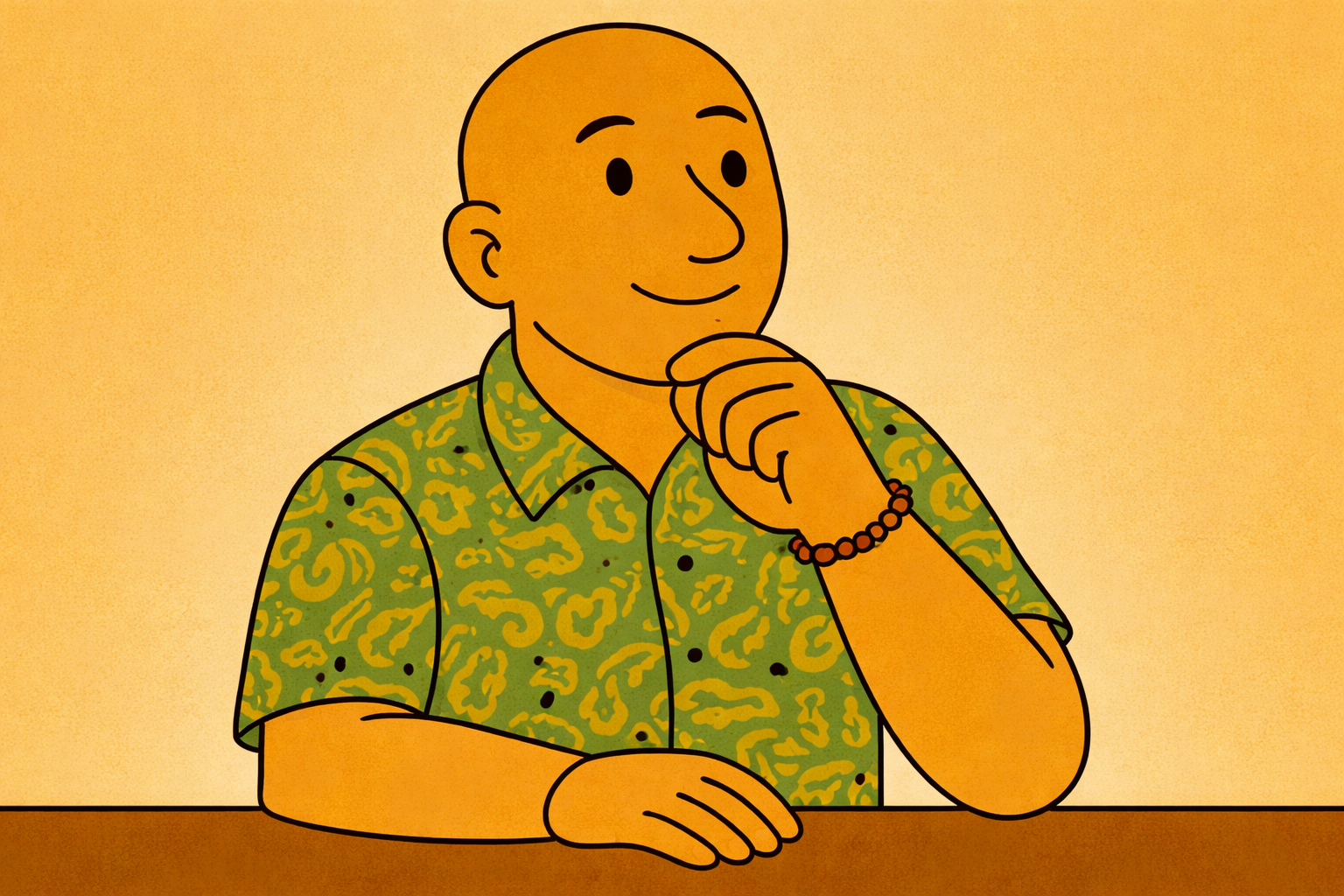 Cartoon illustration of David the Psychologist, bald and wearing a colourful paisley shirt, resting his chin on his hand in a thoughtful pose, reflecting gentle grounded truth in emotional support.