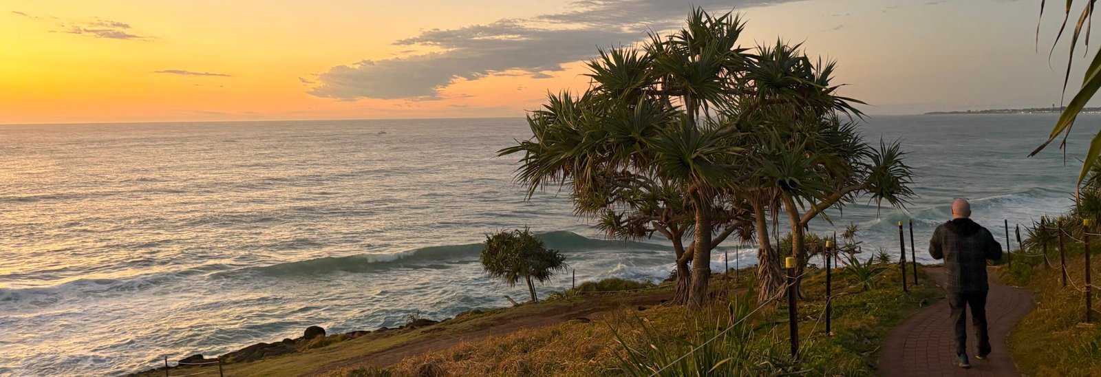 David the Psychologist walking along a coastal path at sunrise, with pandanus trees, ocean waves, and a golden-orange sky in the background