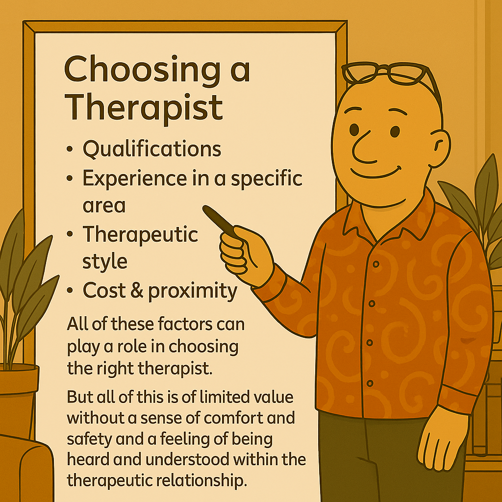 Choosing a Therapist Part 2: Cartoon illustration of David the Psychologist in a paisley shirt pointing to a board titled “Choosing a Therapist,” listing factors such as qualifications, experience, therapeutic style, cost and proximity, and possibly gender and age. Text highlights that comfort, safety, and a strong therapeutic relationship are most important.