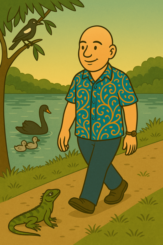 Understanding ourselves | David the Psychologist walking along Lake Orr in a colourful paisley shirt, with a magpie in a tree, black swans in the water, and an iguana on the path.