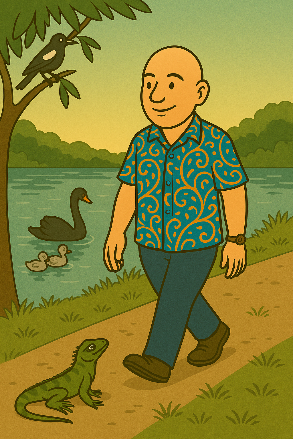Understanding ourselves | David the Psychologist walking along Lake Orr in a colourful paisley shirt, with a magpie in a tree, black swans in the water, and an iguana on the path.