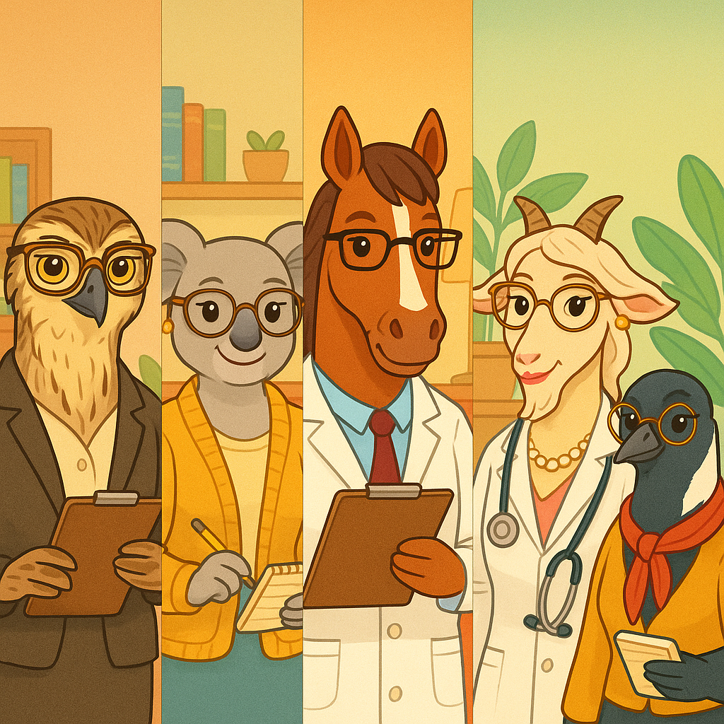 Choosing a therapist in Australia. Illustration of different therapists represented as animals, including an owl, koala, horse, goat, and magpie, each dressed as a professional with clipboards and stethoscope, symbolising counsellors, psychologists, and psychiatrists.