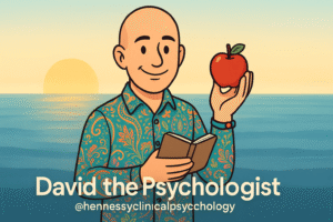 Values-based choices | David the Psychologist, bald and smiling in a colourful paisley shirt, holding an apple in one hand and a book in the other, with the sun setting over the ocean. Subtle text reads: David the Psychologist @hennessyclinicalpsychology.