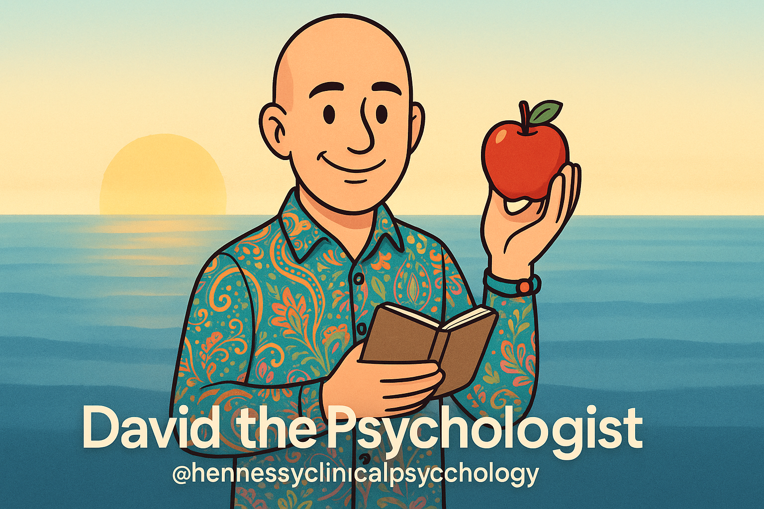 Values-based choices | David the Psychologist, bald and smiling in a colourful paisley shirt, holding an apple in one hand and a book in the other, with the sun setting over the ocean. Subtle text reads: David the Psychologist @hennessyclinicalpsychology.