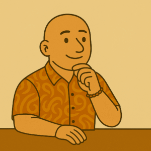 David the Psychologist, bald and wearing a colourful paisley shirt with a bead bracelet on his right wrist featuring one red bead and one green bead, seated thoughtfully and reflecting on human kindness and relationships.