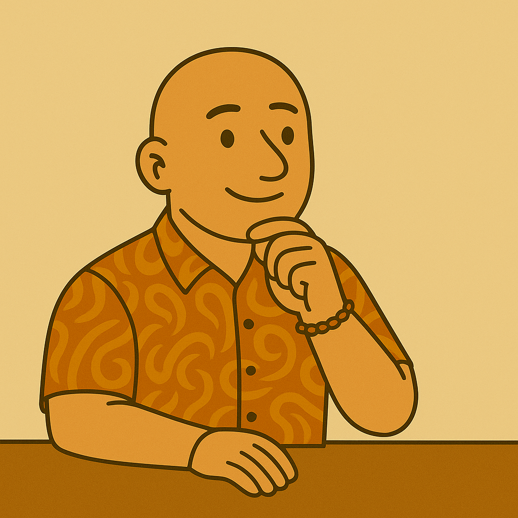 David the Psychologist, bald and wearing a colourful paisley shirt with a bead bracelet on his right wrist featuring one red bead and one green bead, seated thoughtfully and reflecting on human kindness and relationships.