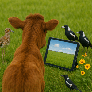 The Grass Is Always Greener: A calf looking at a tablet that shows greener grass while magpies and a butterfly watch nearby, symbolising the idea that the grass often looks greener elsewhere.