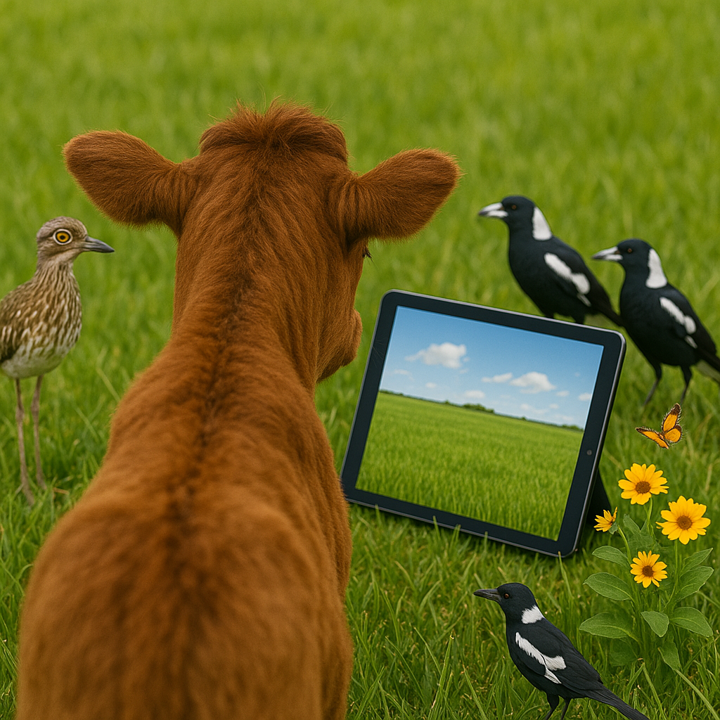 The Grass Is Always Greener: A calf looking at a tablet that shows greener grass while magpies and a butterfly watch nearby, symbolising the idea that the grass often looks greener elsewhere.