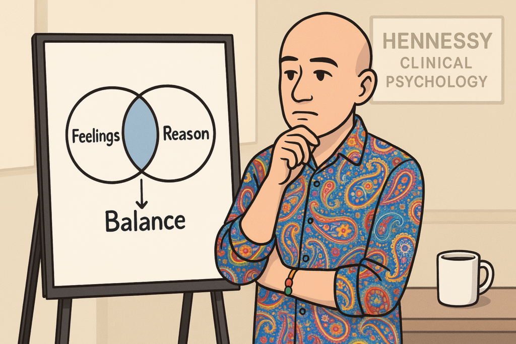 Cartoon of David the Psychologist in a colourful paisley shirt, standing beside a whiteboard diagram showing feelings and reason overlapping into balance. He is thoughtful, wearing a bead bracelet, with a coffee mug nearby. Text on the board reads “Feelings + Reason = Balance.”