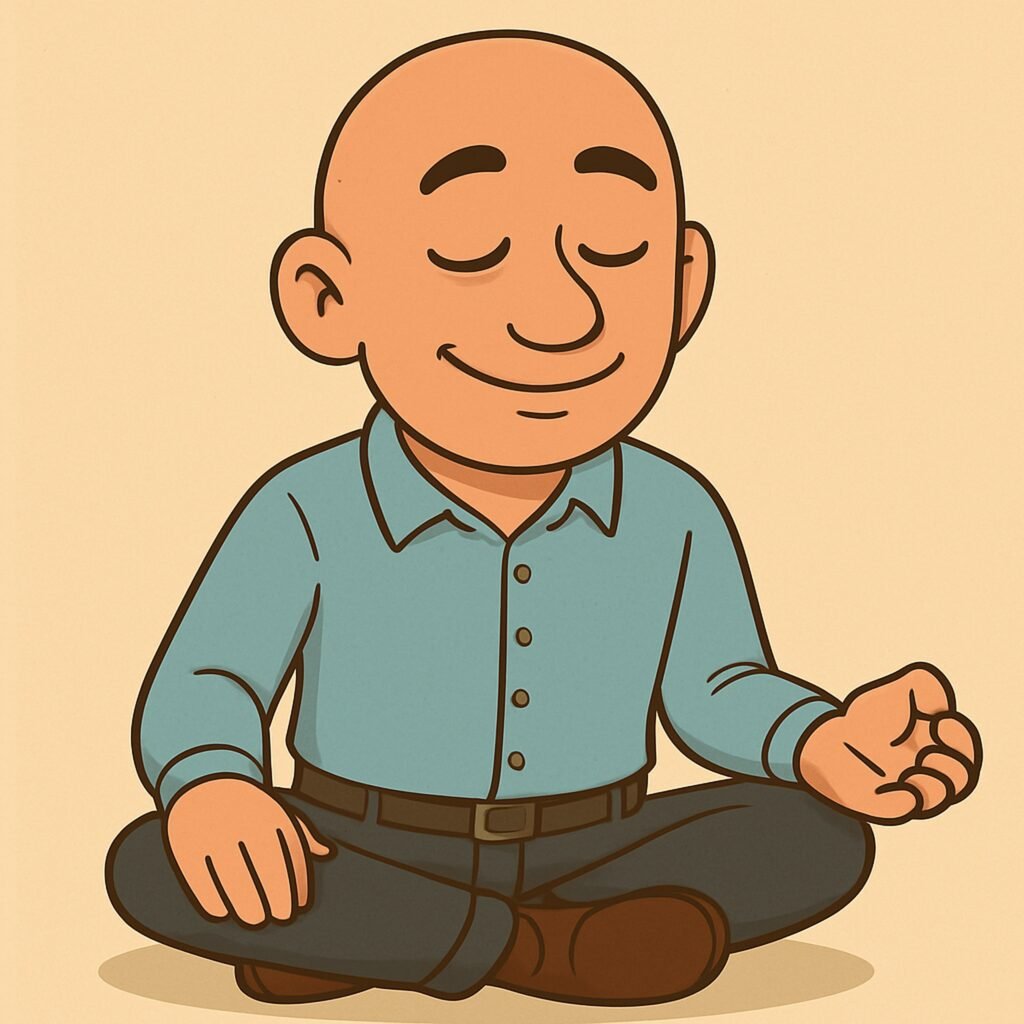 Cartoon David the Psychologist sits cross legged with eyes closed in a calm mindful pose, representing the connection between Buddhist teachings and modern psychological practices.