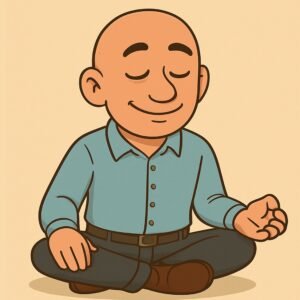 Cartoon David the Psychologist sits cross legged with eyes closed in a calm mindful pose, representing the connection between Buddhist teachings and modern psychological practices.