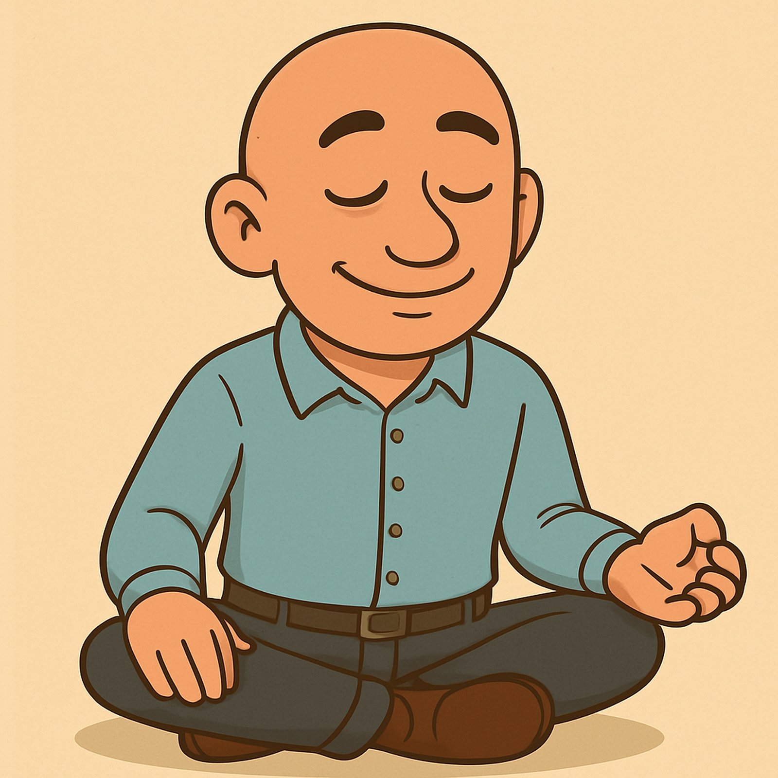 Cartoon David the Psychologist sits cross legged with eyes closed in a calm mindful pose, representing the connection between Buddhist teachings and modern psychological practices.
