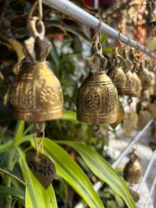 What is Radical Acceptance? Row of golden mindfulness bells hanging in a temple garden, representing the calm and focus developed through radical acceptance.