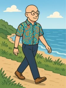 Cartoon image of David the Psychologist, bald with a colourful paisley shirt and bead bracelet, walking along a coastal path beside the ocean, representing the psychological health benefits of regular walking.