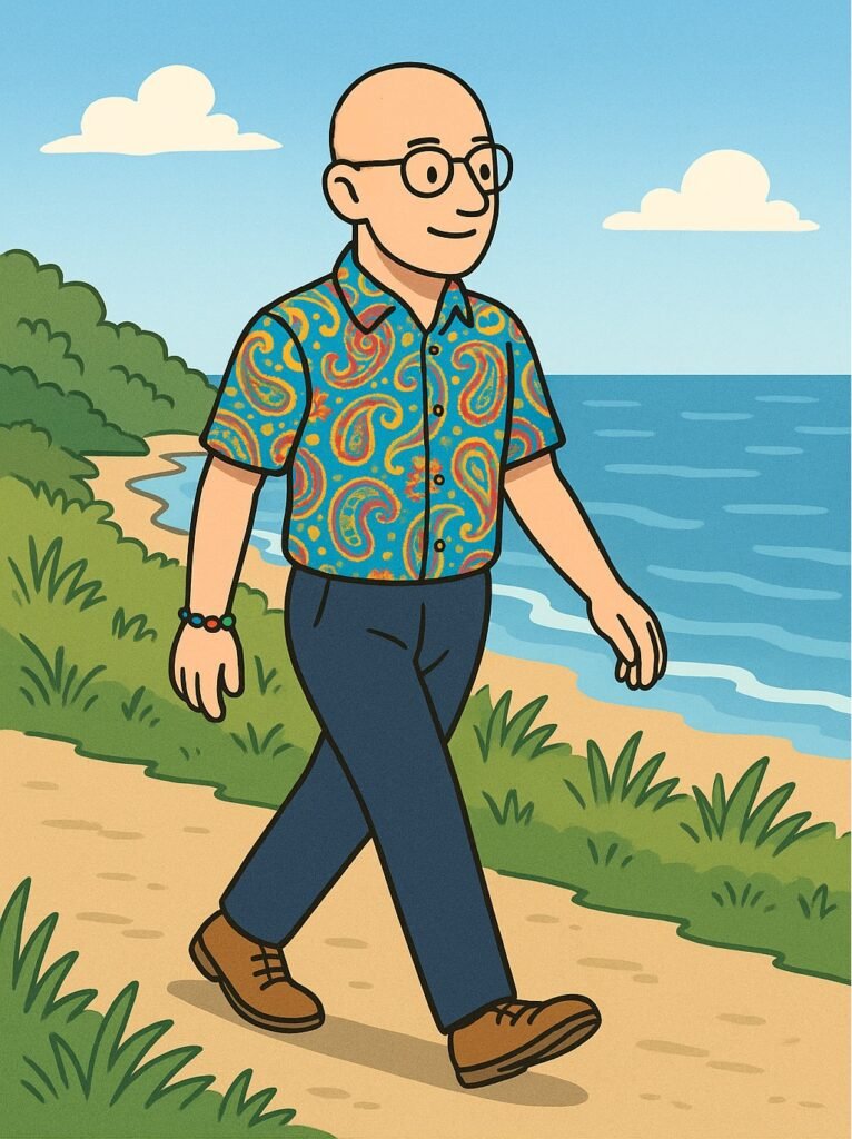 Cartoon image of David the Psychologist, bald with a colourful paisley shirt and bead bracelet, walking along a coastal path beside the ocean, representing the psychological health benefits of regular walking.