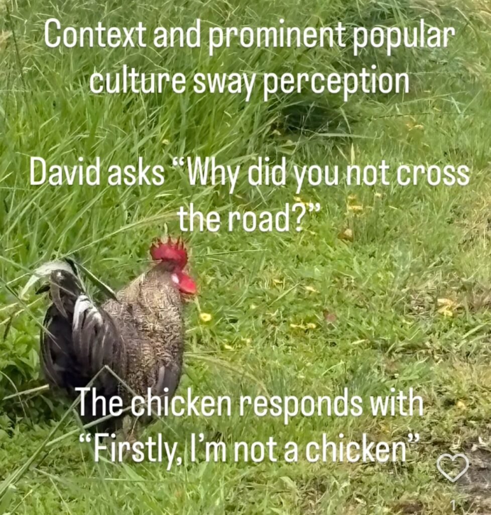 A rooster standing in long grass with white text overlay that reads Context and prominent popular culture sway perception. David asks Why did you not cross the road. The chicken responds with Firstly I am not a chicken. The image illustrates how perception is shaped by context and personal interpretation.