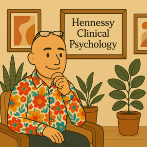 Illustration of David Hennessy, a bald male clinical psychologist wearing a colourful paisley shirt, seated calmly in his consulting room at Hennessy Clinical Psychology, representing trauma informed therapy through a safe, thoughtful, and collaborative therapeutic presence.