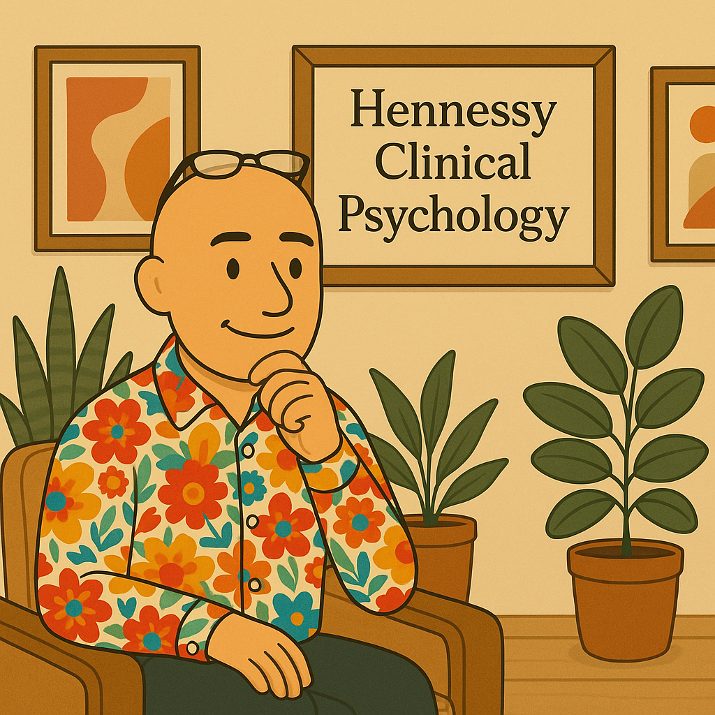 Illustration of David Hennessy, a bald male clinical psychologist wearing a colourful paisley shirt, seated calmly in his consulting room at Hennessy Clinical Psychology, representing trauma informed therapy through a safe, thoughtful, and collaborative therapeutic presence.