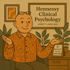 Illustration of David the Psychologist seated in his Varsity Lakes clinic with open hands, representing a firm but fair approach to boundaries and relationships. David the Psychologist @hennessyclinicalpsychology