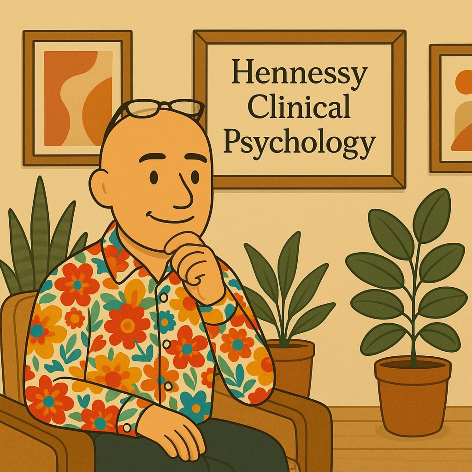 David the Psychologist, a bald clinical psychologist wearing a colourful paisley shirt, seated calmly in a therapy room at Hennessy Clinical Psychology, reflecting on attachment wounds and emotional safety. Subtle text reads: David the Psychologist @hennessyclinicalpsychology
