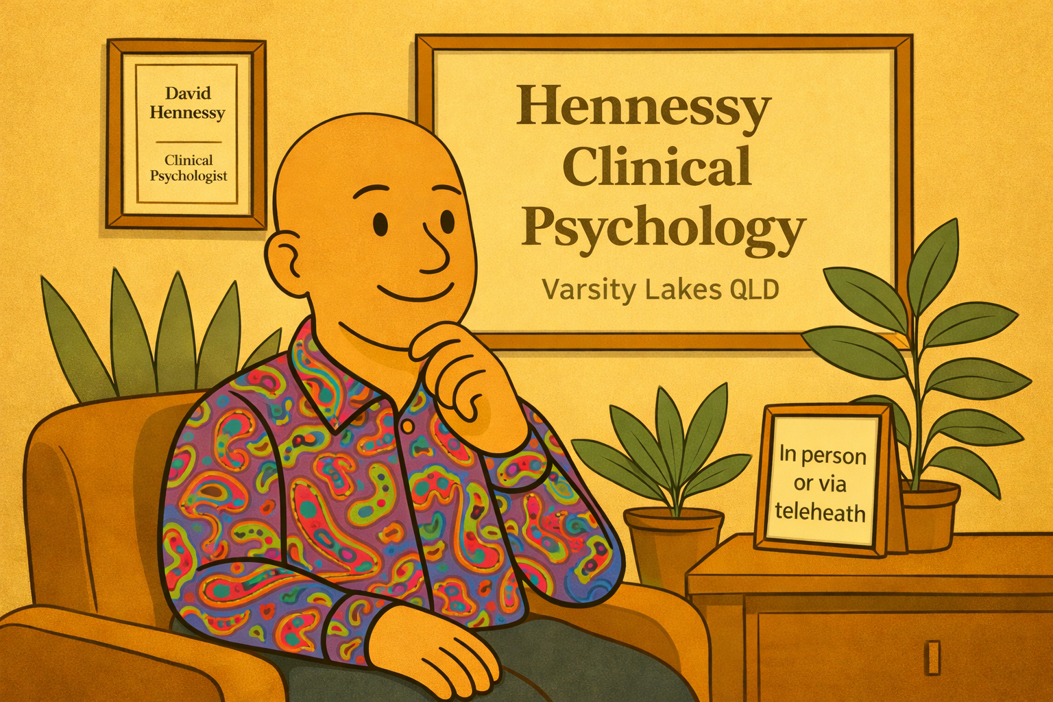 Illustration of David Hennessy, Clinical Psychologist, seated in a therapy room, representing a calm, trauma-informed approach to understanding pain and the autonomic nervous system.