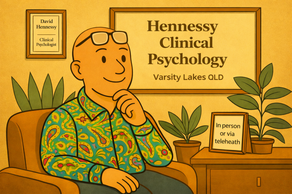 Illustration of David Hennessy, a bald clinical psychologist wearing a colourful paisley shirt, seated in a consulting room at Hennessy Clinical Psychology in Varsity Lakes, Queensland, representing in-person and telehealth psychology services.
