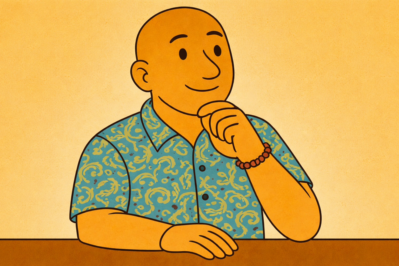 David Hennessy, Clinical Psychologist in Varsity Lakes, Gold Coast, sitting thoughtfully with hand on chin, wearing a blue paisley shirt and bead bracelet, reflecting on how personal narratives influence the nervous system